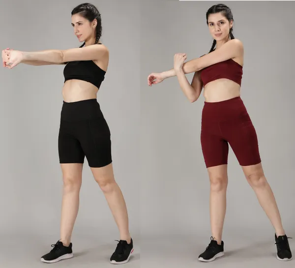 Pack_of_2_Maroon_&_Black_Polyester_Blend_Solid_Western_Sportswear_Tights_Shorts_For_Women