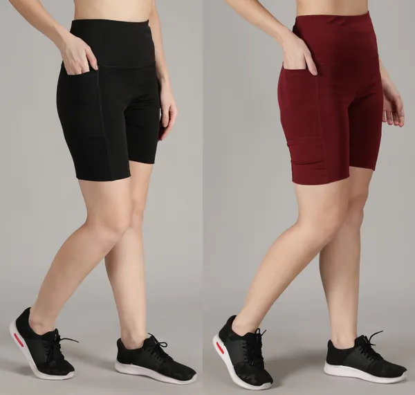 Pack_of_2_Maroon_&_Black_Polyester_Blend_Solid_Western_Sportswear_Tights_Shorts_For_Women