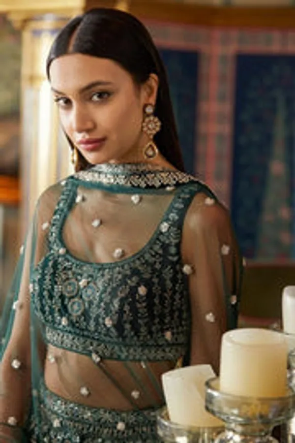 Green_color_Designer_Thread,_Zari_Embroidery_&_Sequence_work_Lehenga_Choli
