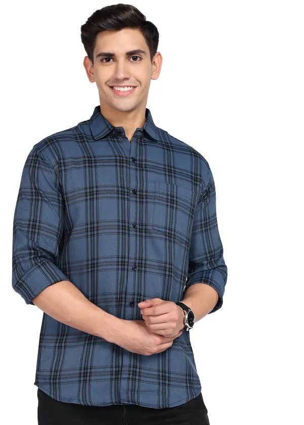 Metallic_Blue_Checkered_Casual_Cotton_Blend_Shirt_For_Men