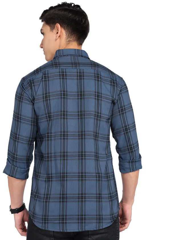 Metallic_Blue_Checkered_Casual_Cotton_Blend_Shirt_For_Men