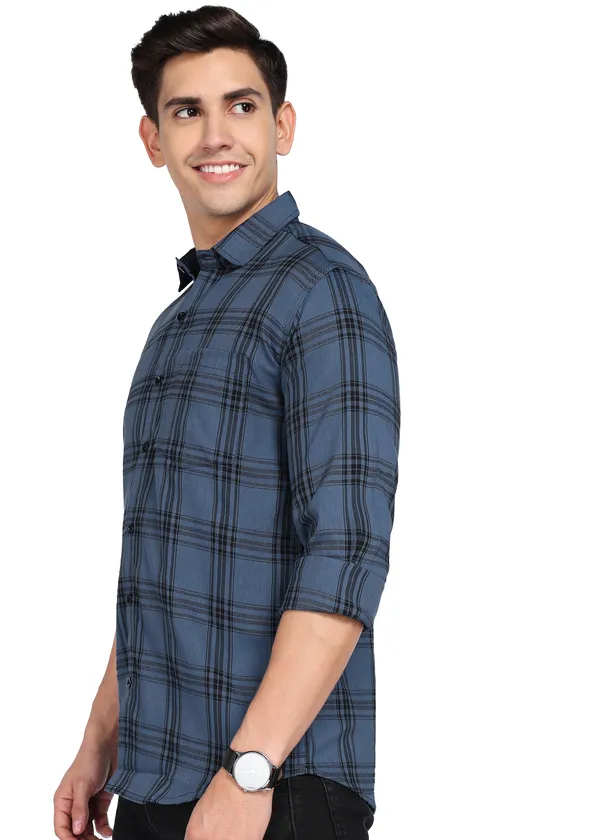 Metallic_Blue_Checkered_Casual_Cotton_Blend_Shirt_For_Men