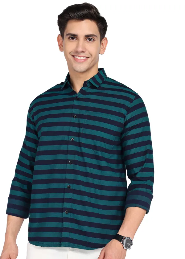 Teal_Striped_Casual_Cotton_Blend_Shirt_For_Men