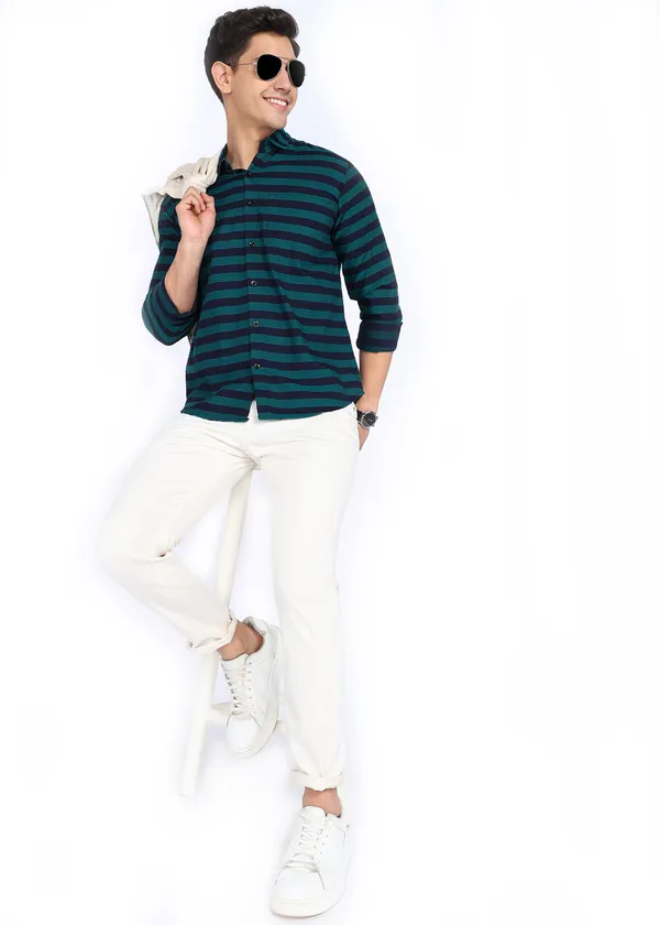 Teal_Striped_Casual_Cotton_Blend_Shirt_For_Men