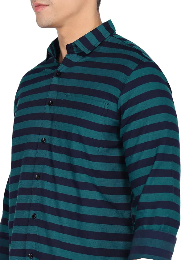 Teal_Striped_Casual_Cotton_Blend_Shirt_For_Men