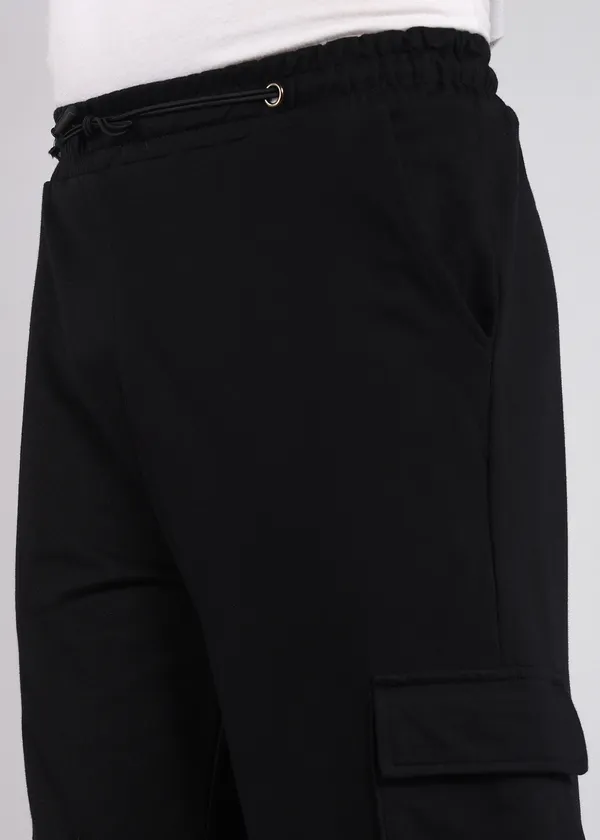 Black_Tapered_Fit_Knitted_Cargos_For_Men_With_Biowashed_Loopknit_Cotton_Fabric