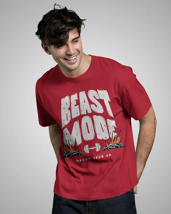 Mens_Beast_Mode_Oversized_Fit_Red_Tshirt_Made_With_Premium_Biowashed_240_GSM_Loopknit_Cotton_Fabric