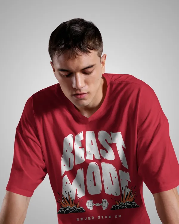 Mens_Beast_Mode_Oversized_Fit_Red_Tshirt_Made_With_Premium_Biowashed_240_GSM_Loopknit_Cotton_Fabric