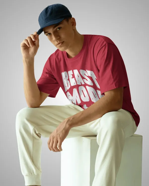 Mens_Beast_Mode_Oversized_Fit_Red_Tshirt_Made_With_Premium_Biowashed_240_GSM_Loopknit_Cotton_Fabric