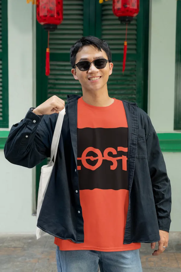 Lost_Oversized_Fit_Orange_Tshirt_With_240_GSM_Premium_Biowashed_Cotton_Loopknit_Fabric