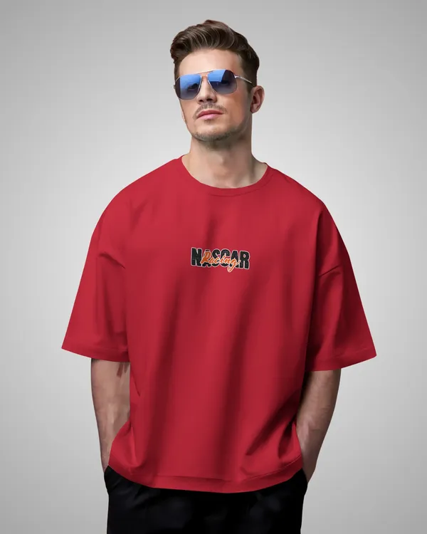 Mens_Nascar_Oversized_Fit_Red_Tshirt_Made_With_Premium_Biowashed_240_GSM_Loopknit_Cotton_Fabric