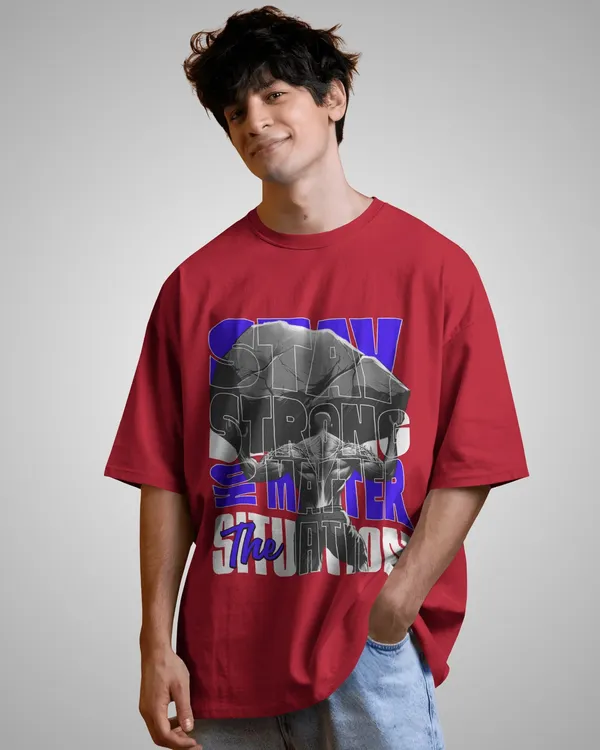 Mens_Stay_Strong_Oversized_Fit_Red_Tshirt_Made_With_Premium_Biowashed_240_GSM_Loopknit_Cotton_Fabric