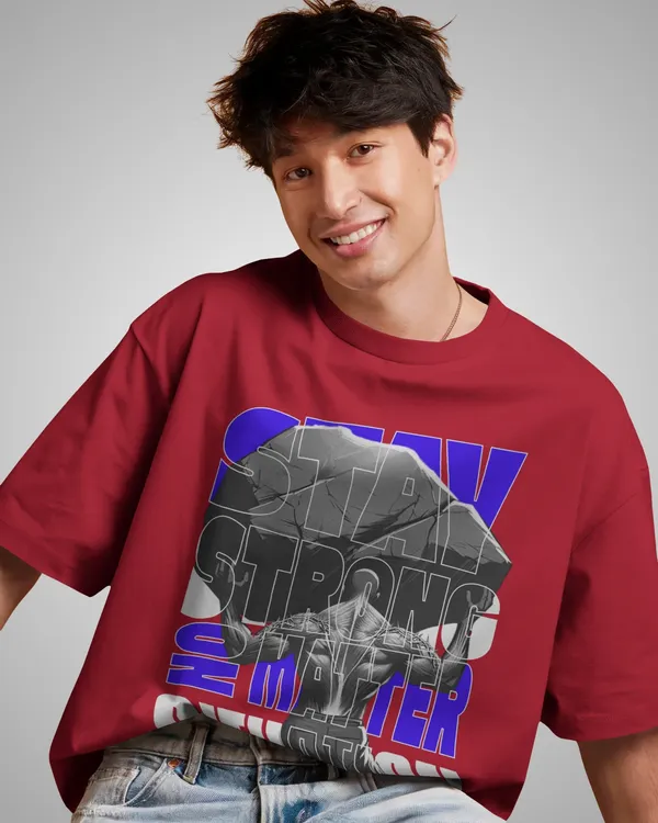 Mens_Stay_Strong_Oversized_Fit_Red_Tshirt_Made_With_Premium_Biowashed_240_GSM_Loopknit_Cotton_Fabric