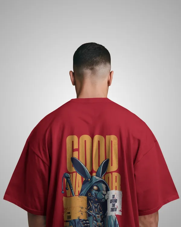 Mens_Warrior_Bunny_Oversized_Fit_Red_Tshirt_Made_With_Premium_Biowashed_240_GSM_Loopknit_Cotton_Fabric