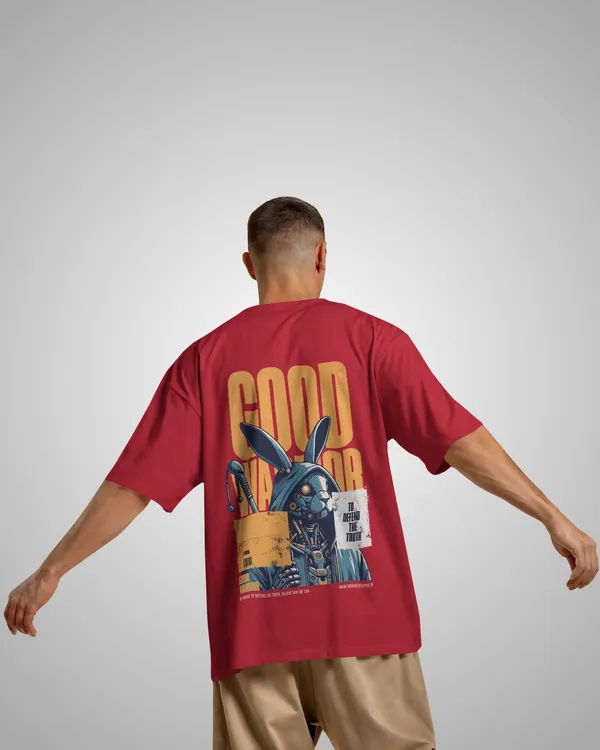 Mens_Warrior_Bunny_Oversized_Fit_Red_Tshirt_Made_With_Premium_Biowashed_240_GSM_Loopknit_Cotton_Fabric