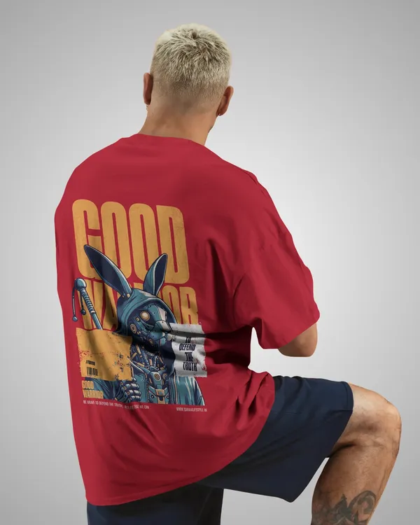 Mens_Warrior_Bunny_Oversized_Fit_Red_Tshirt_Made_With_Premium_Biowashed_240_GSM_Loopknit_Cotton_Fabric