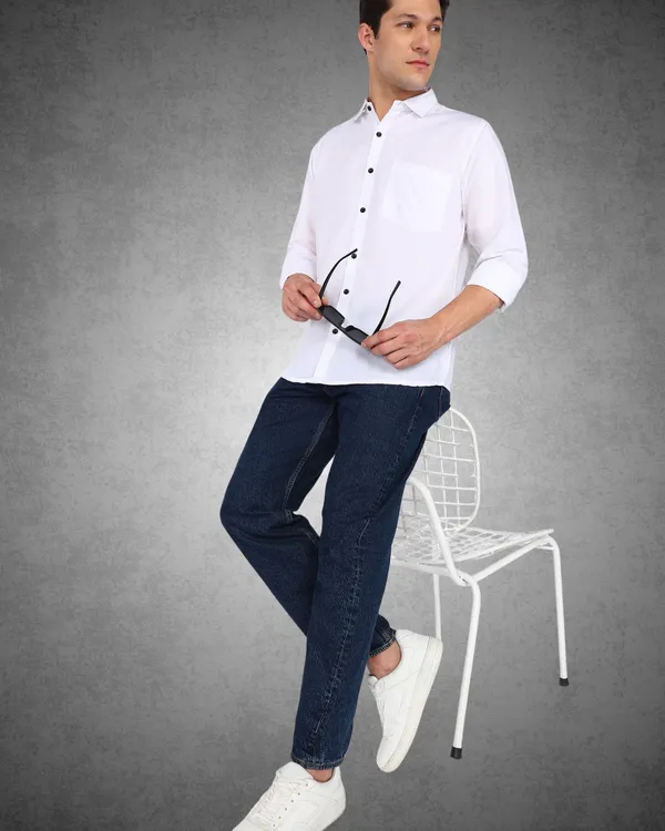 White_Solid_Casual_Cotton_Blend_Shirt_For_Men
