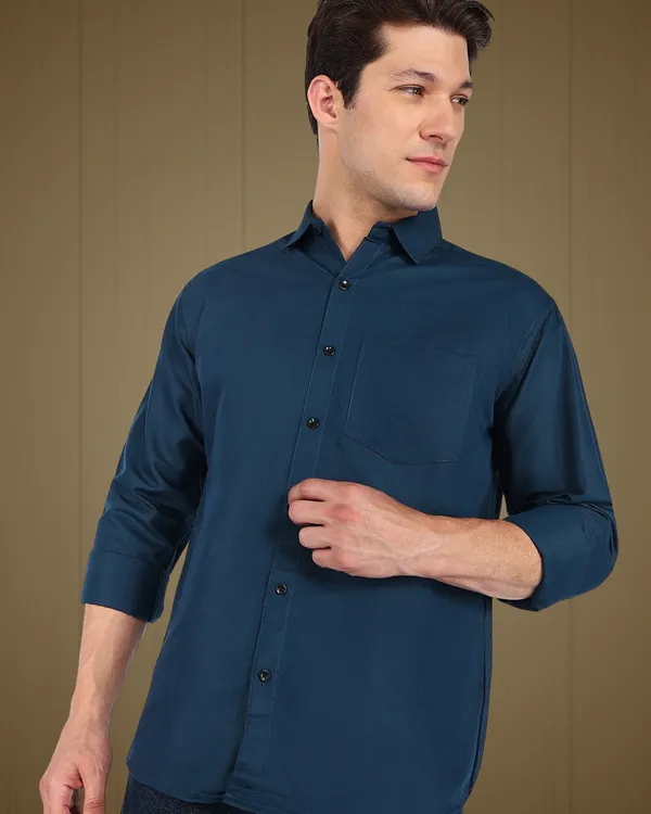 Teal_Solid_Casual_Cotton_Blend_Shirt_For_Men