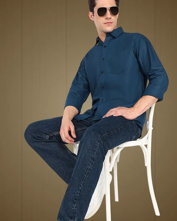 Teal_Solid_Casual_Cotton_Blend_Shirt_For_Men
