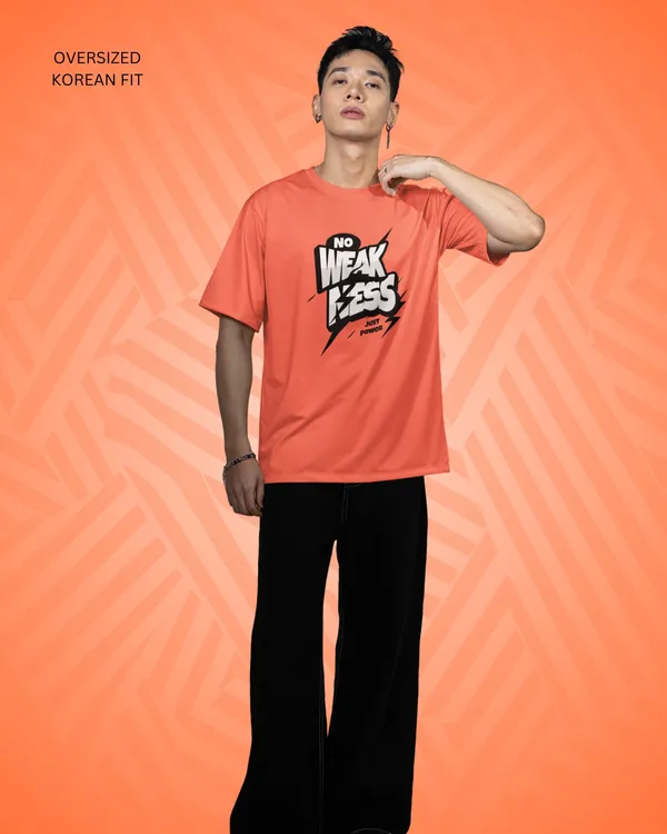 Mens_No_Weakness_Oversized_Korean_Fit_Orange_Tshirt_Made_With_Premium_Biowashed_240_GSM_Loopknit_Cotton_Fabric