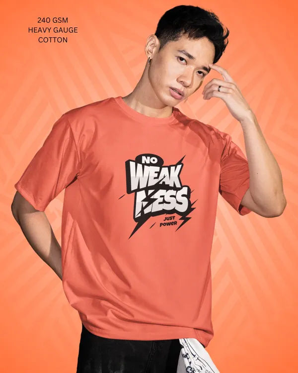 Mens_No_Weakness_Oversized_Korean_Fit_Orange_Tshirt_Made_With_Premium_Biowashed_240_GSM_Loopknit_Cotton_Fabric