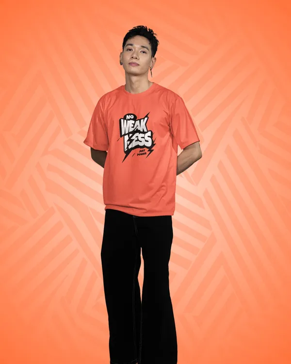 Mens_No_Weakness_Oversized_Korean_Fit_Orange_Tshirt_Made_With_Premium_Biowashed_240_GSM_Loopknit_Cotton_Fabric