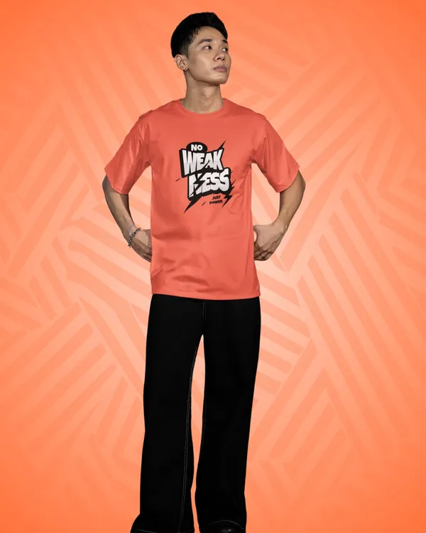 Mens_No_Weakness_Oversized_Korean_Fit_Orange_Tshirt_Made_With_Premium_Biowashed_240_GSM_Loopknit_Cotton_Fabric