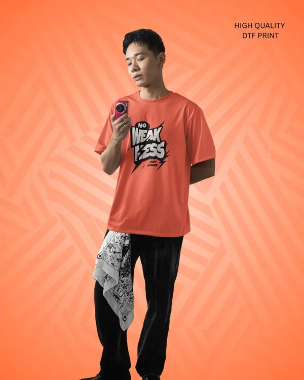Mens_No_Weakness_Oversized_Korean_Fit_Orange_Tshirt_Made_With_Premium_Biowashed_240_GSM_Loopknit_Cotton_Fabric