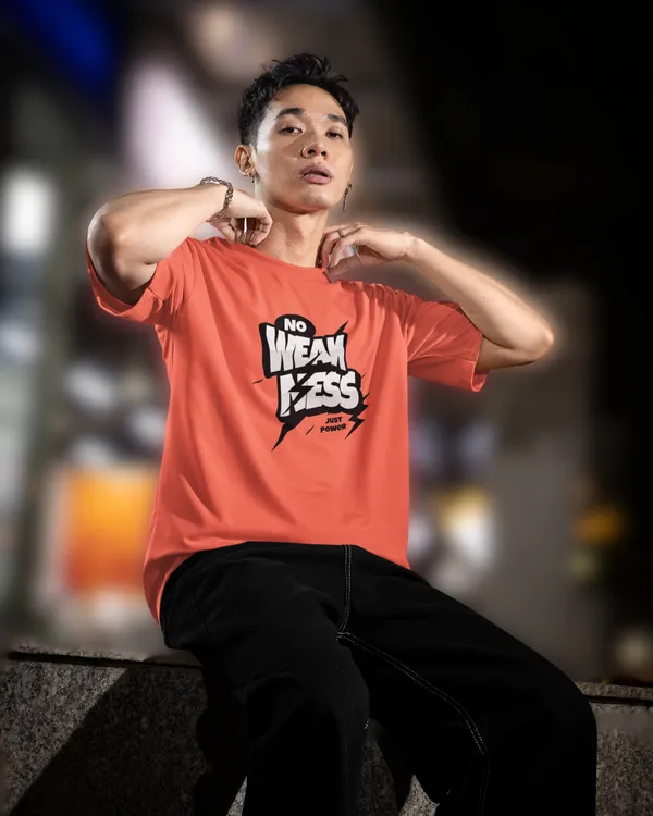 Mens_No_Weakness_Oversized_Korean_Fit_Orange_Tshirt_Made_With_Premium_Biowashed_240_GSM_Loopknit_Cotton_Fabric