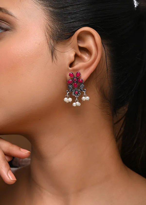 Oxidized_Silver-Toned_Floral_Stud_Earrings_with_Ruby_Stones_and_Pearl_Drops