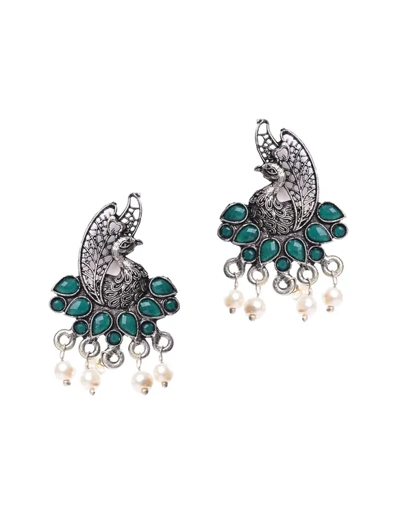 Oxidized_Silver-Toned_Peacock_Stud_Earring_with_Green_Stones_and_Pearl_Drops