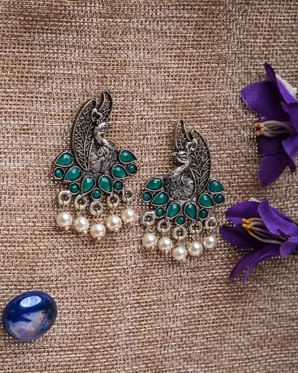 Oxidized_Silver-Toned_Peacock_Stud_Earring_with_Green_Stones_and_Pearl_Drops