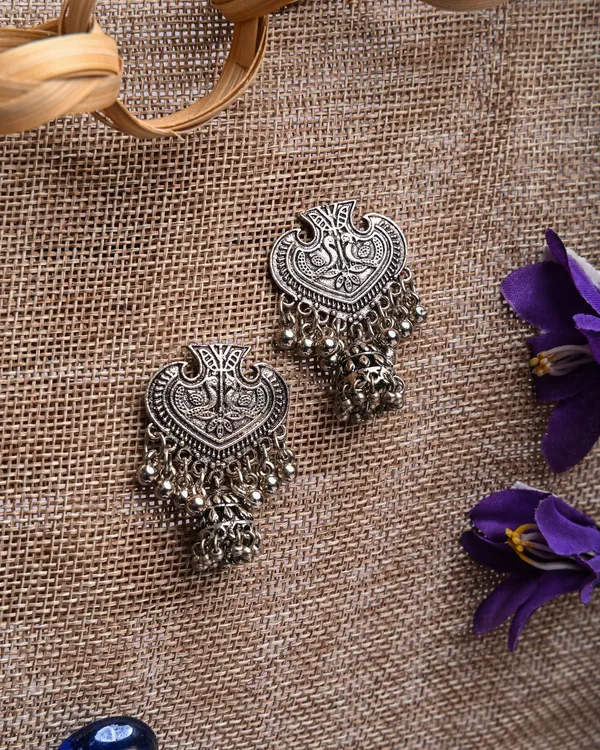 Oxidized_Silver-Toned_Engraved_Peacock_Stud_Jhumka_Earrings