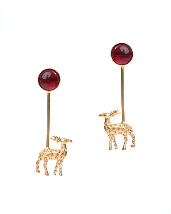 Gold-Toned_Deer_Motif_Drop_Earrings_with_Ruby_Red_Stone