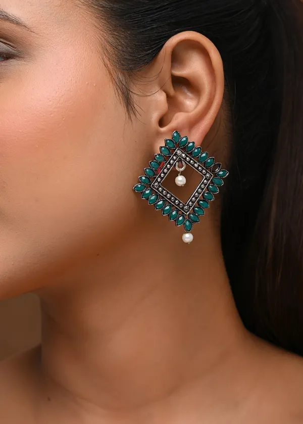 Oxidized_Silver-Toned_Square_Stud_Earrings_with_Green_Marquise_Stones