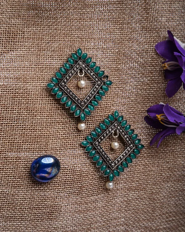 Oxidized_Silver-Toned_Square_Stud_Earrings_with_Green_Marquise_Stones