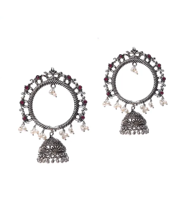 Grand_Oxidized_Silver-Toned_Circular_Jhumka_with_Red_Stones_and_Carved_Motif