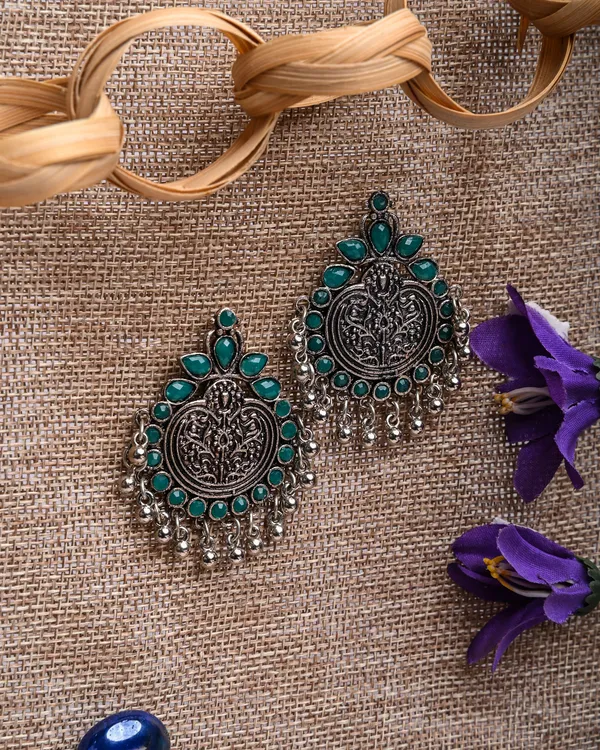 Oxidized_Silver-Toned_Stud_Earrings_with_Green_Stones_and_Ghungroo_Detail