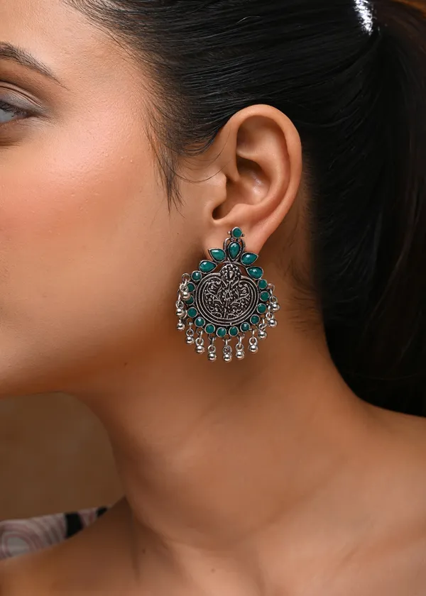 Oxidized_Silver-Toned_Stud_Earrings_with_Green_Stones_and_Ghungroo_Detail