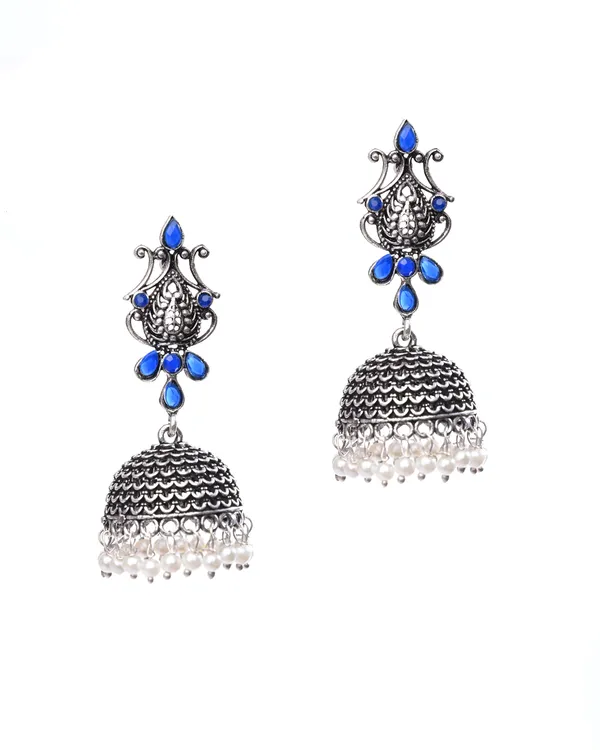 Oxidized_Silver-Toned_Peacock_Jhumka_Earrings_with_Sapphire_Blue_Stones
