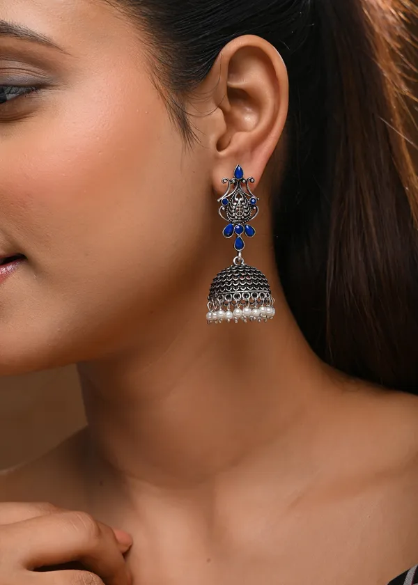 Oxidized_Silver-Toned_Peacock_Jhumka_Earrings_with_Sapphire_Blue_Stones