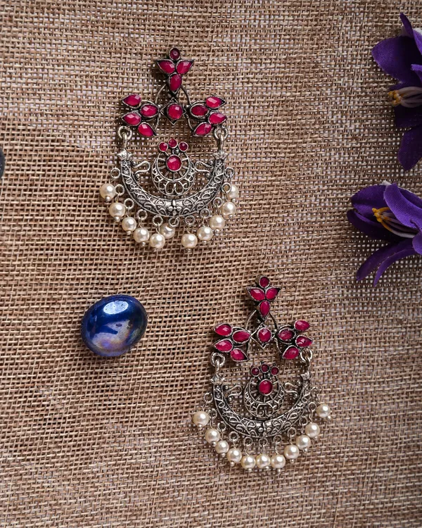 Oxidized_Silver-Toned_Floral_Chandbali_Drop_Earrings_with_Ruby_Stones_and_Pearls