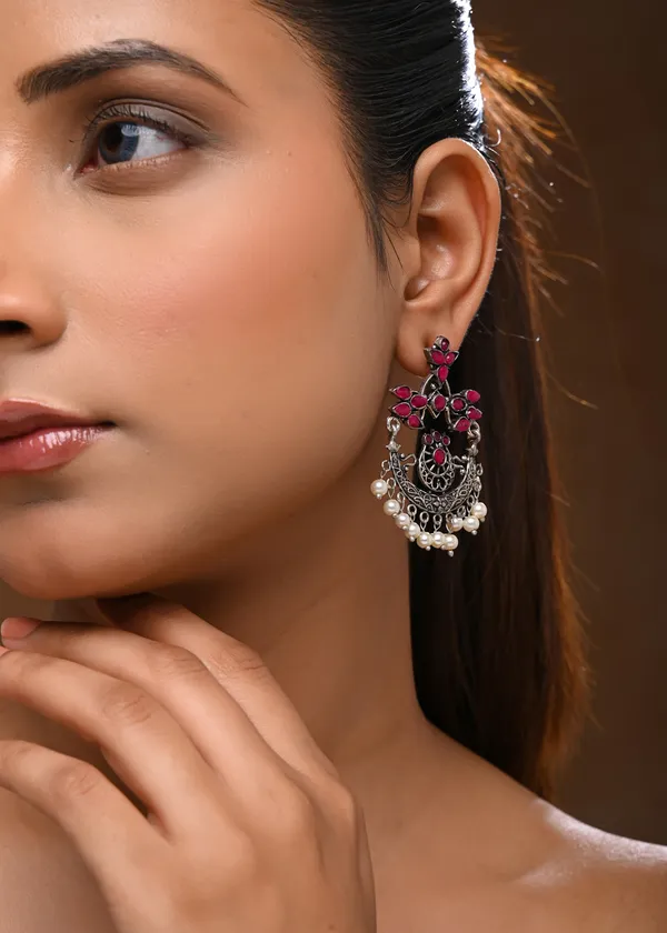 Oxidized_Silver-Toned_Floral_Chandbali_Drop_Earrings_with_Ruby_Stones_and_Pearls