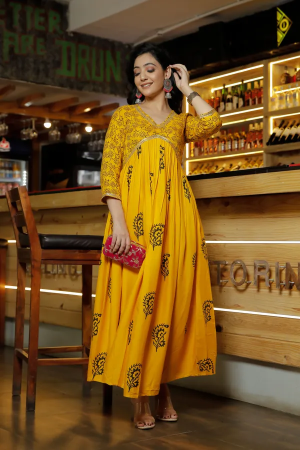 INDI INSIDE Women Yellow Floral Block Print FlaYellow Kurta Price