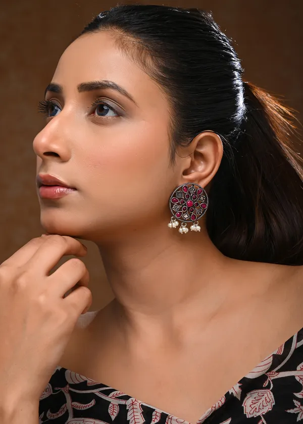 Oxidized_Silver-Toned_Floral_Stud_Earrings_with_Ruby_Stones_and_Pearl_Drops