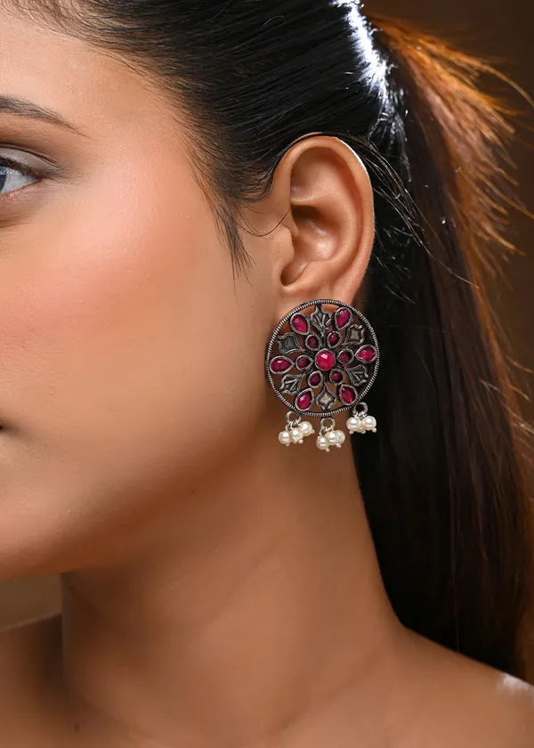 Oxidized_Silver-Toned_Floral_Stud_Earrings_with_Ruby_Stones_and_Pearl_Drops