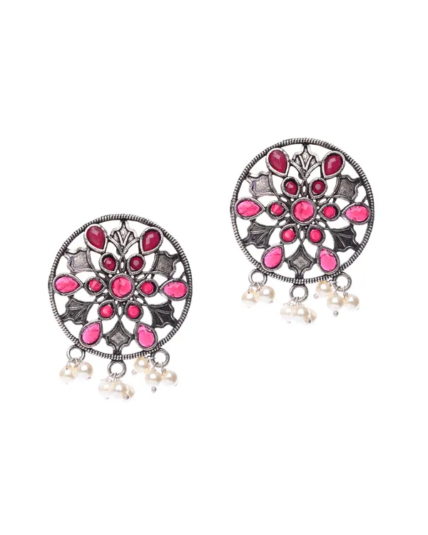 Oxidized_Silver-Toned_Floral_Stud_Earrings_with_Ruby_Stones_and_Pearl_Drops