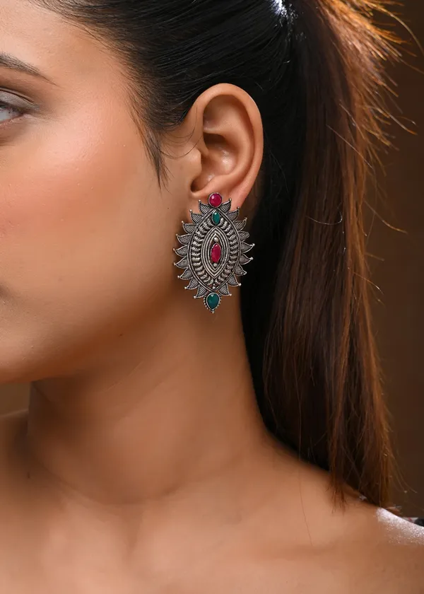 Oxidized_Silver-Toned_Spike-Edged_Stud_Earrings_with_Dual-Tone_Stones