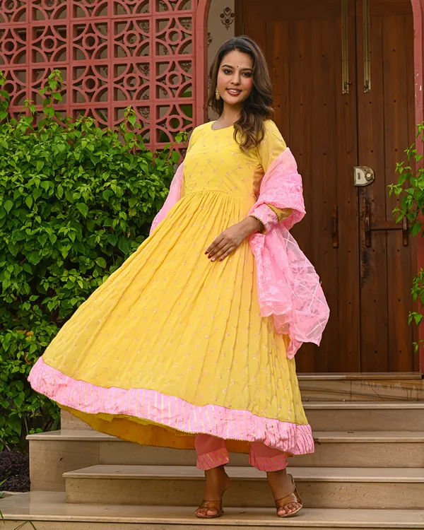 Yellow_Embroidered_Anarkali_Kurta_Set_with_Pink_Dupatta