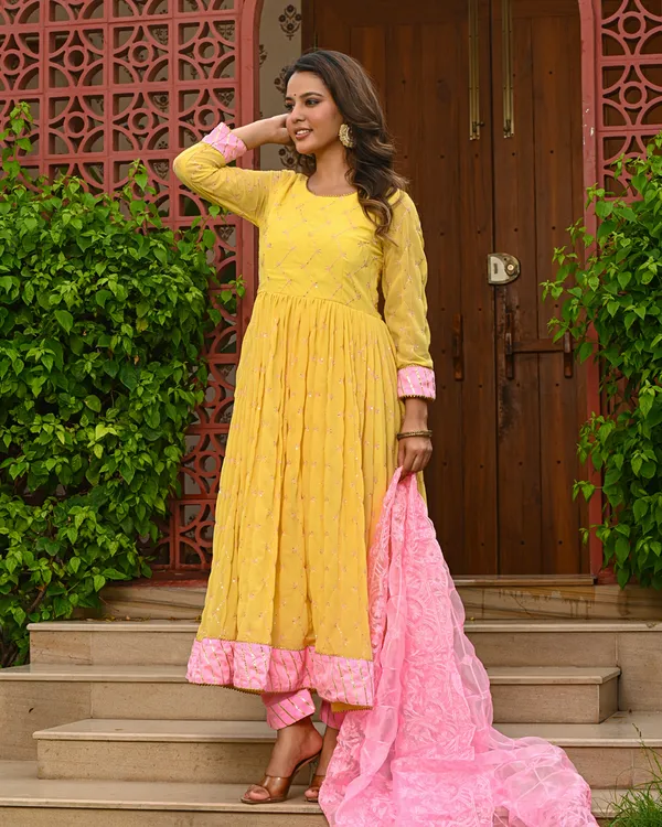 Yellow_Embroidered_Anarkali_Kurta_Set_with_Pink_Dupatta